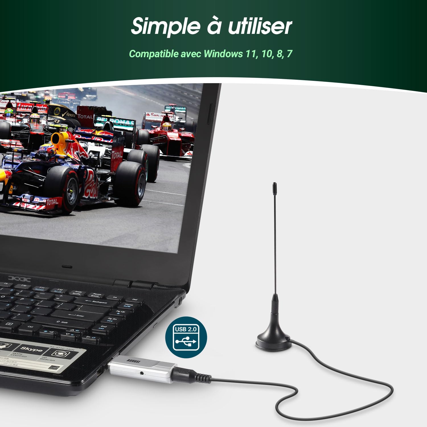 August DVB-T210 - Récepteur TNT USB - Décodeur TNT avec Enregistreur et Antenne, Numérique Terrestre Mini Télévision sur PC DVB-T2 MPEG4 Compatible France Belgique Windows 11 Home/Pro/10/8/7