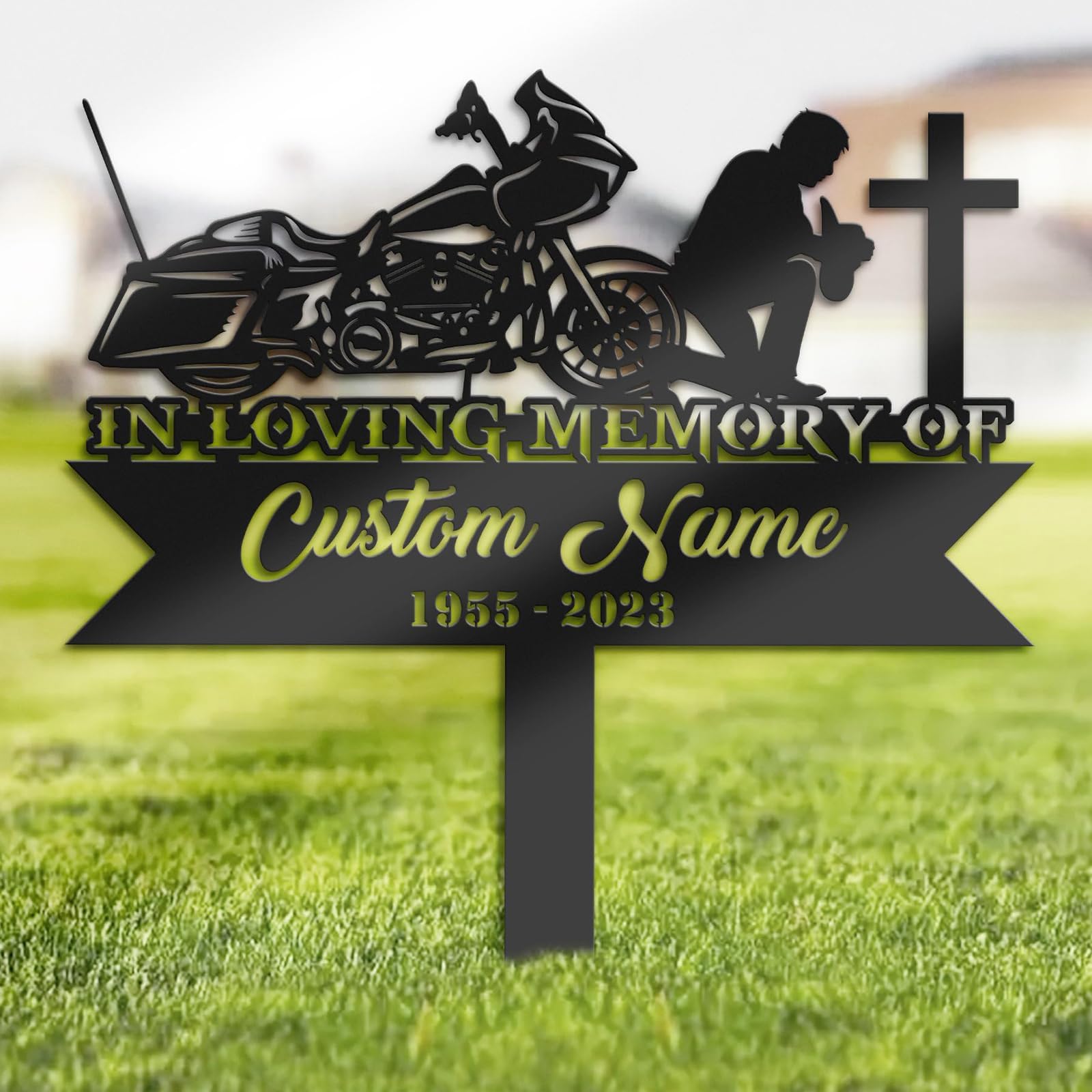 Custom Motorcycle Rider Memorial Metal Sign,Personalized Cross Memorial Stake,Sympathy Gift,Metal Garden,Outdoor Sign,Garden Yard Lawn Cemetery Decor