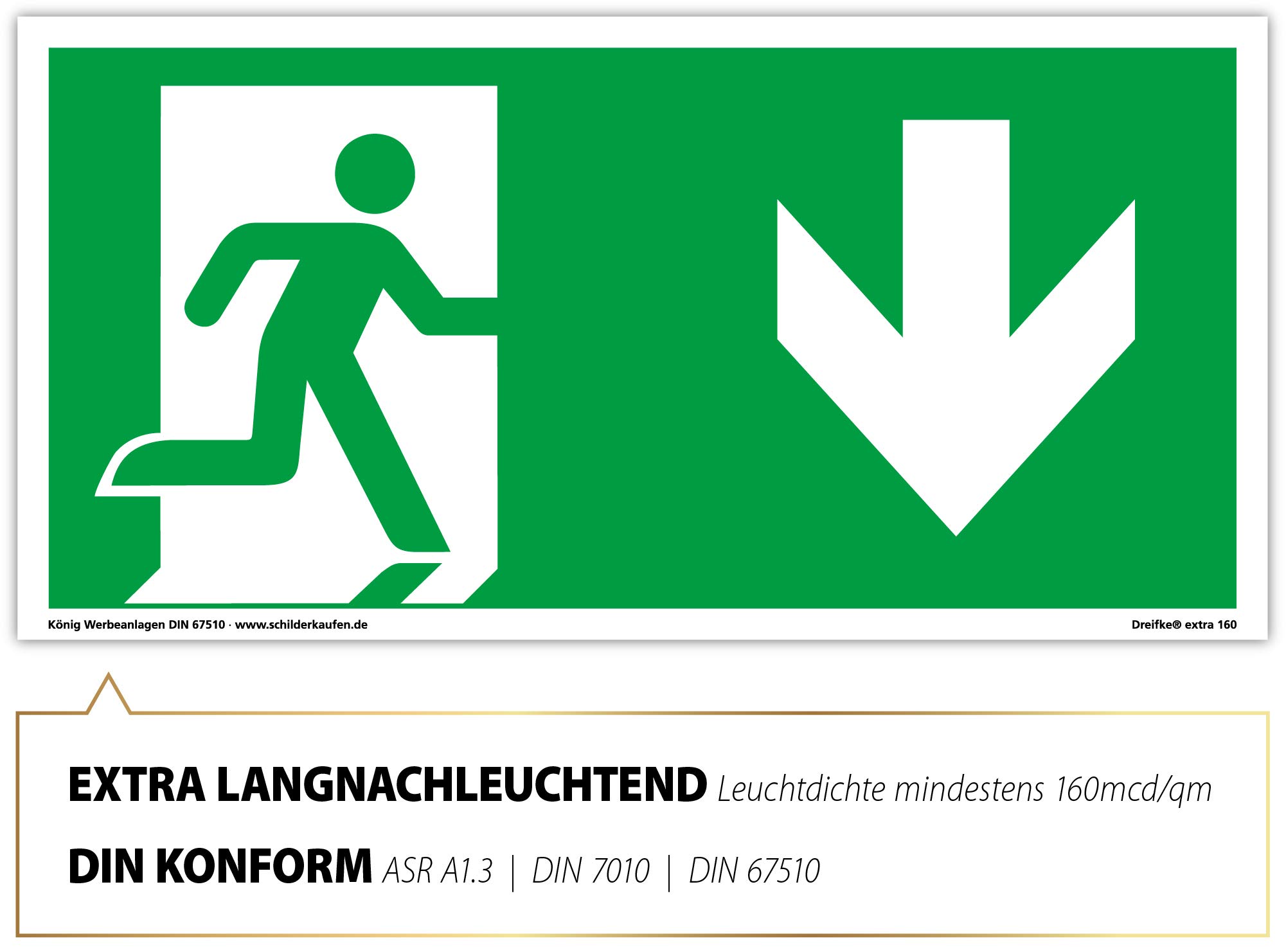 Dreifke® extra 160 - Señales de salida de emergencia (5 unidades, PVC, autoadhesivas, 297 x 148 mm, según ASR A1.3 DIN 7010 67510, señal de salida de emergencia, flecha hacia abajo, señal de escape,