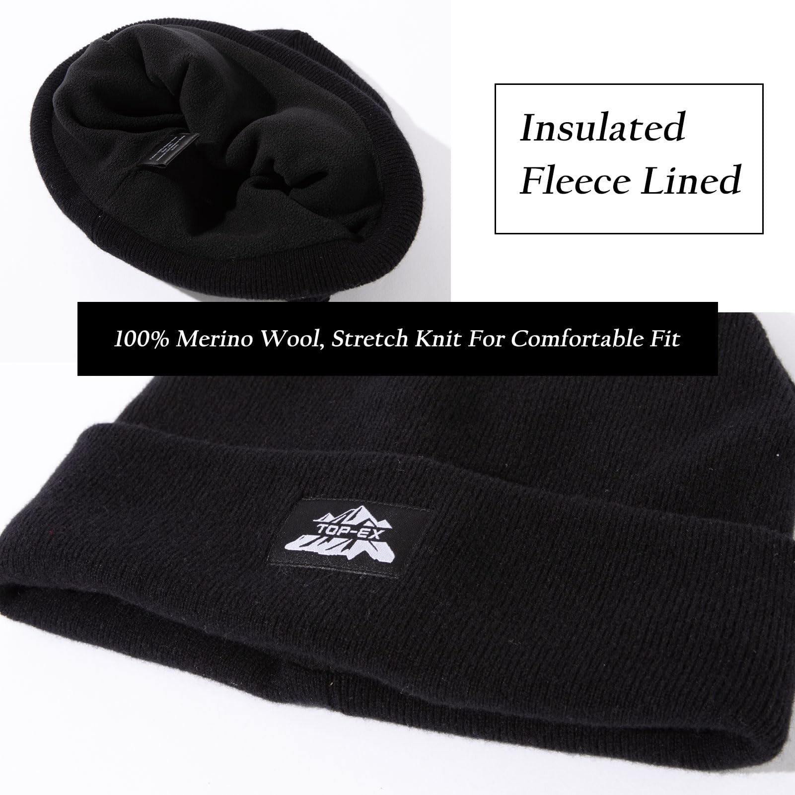 TOP-EX Bonnet 100 % laine mérinos pour homme et femme avec doublure en polaire thermique pour temps froid, ski, course à pied, chasse, marche