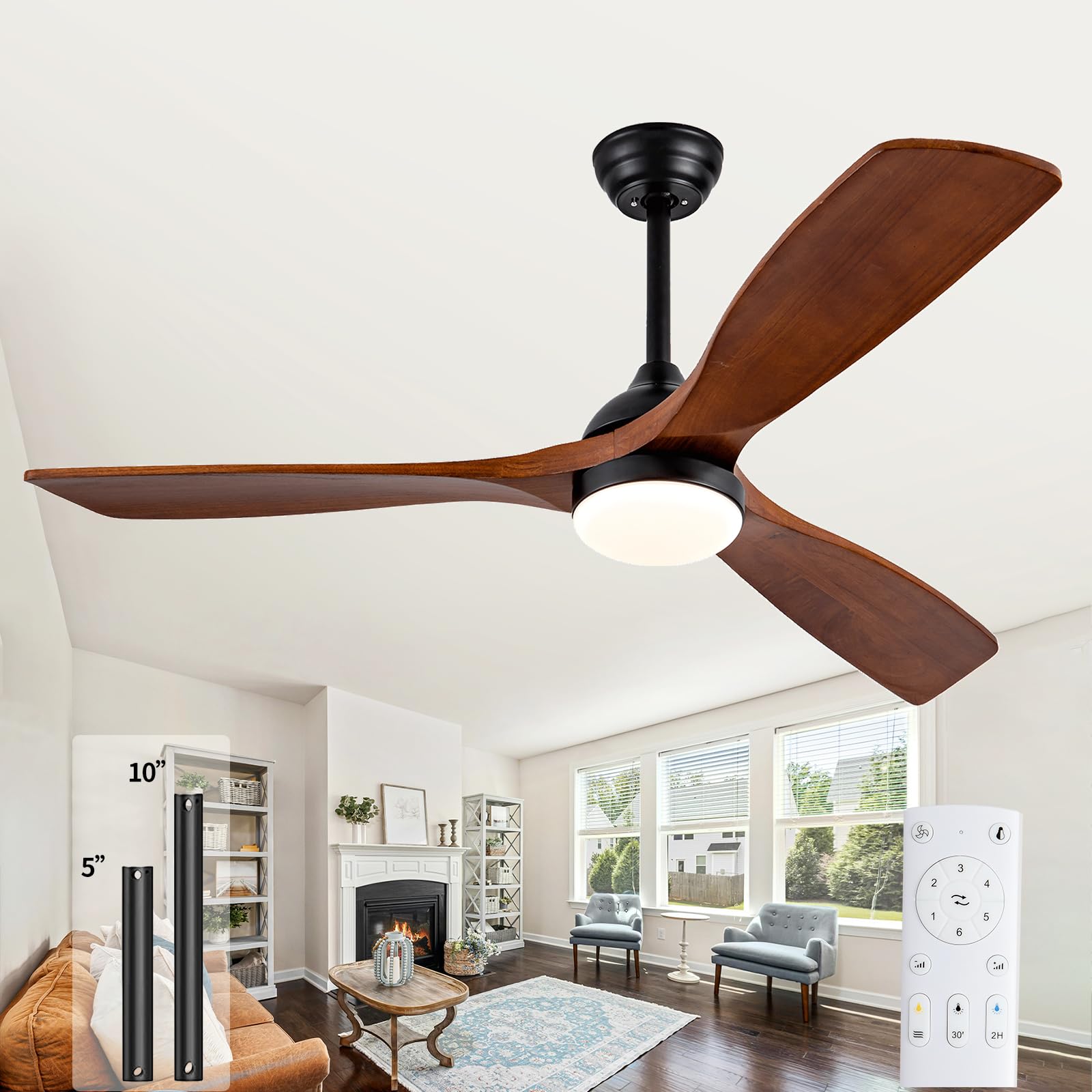 52 Inch Dimmable Ceiling Fans with Lights Remote Control, 3 Blades Walnut Propeller Wood Ceiling Fans,Quiet Modern Ceiling Fan for Indoor,Outdoor,Bedroom,Living Room,Farmhouse,Patio