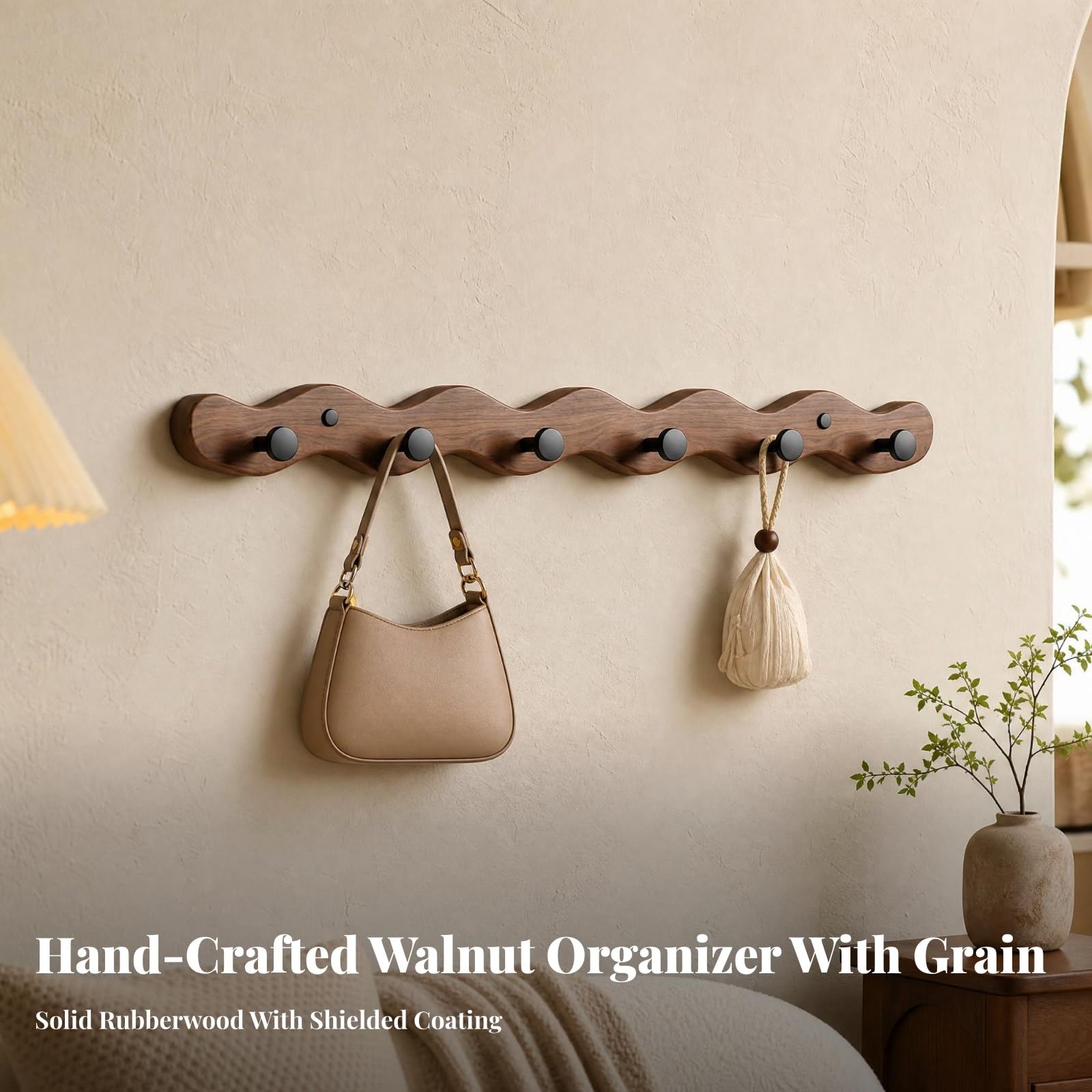 Porte-Manteau En Bois Catchc 6 s Compact Patère Murale Panneau Ondoyant Simple Élégant pr Salon, Cuisine, Noir, Style D