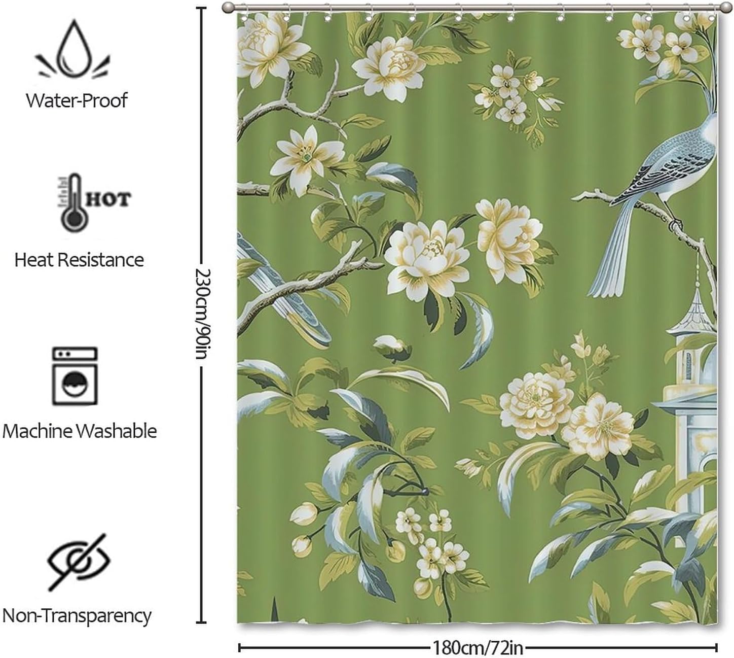 Green Shower Curtains for Bathroom Brid Pagoda Chinoiserie Asian Inspired Bathroom Shower Curtain Farmhouse Shower Curtain 72x90in Polyester Fabric Shower Curtain Set with Hooks