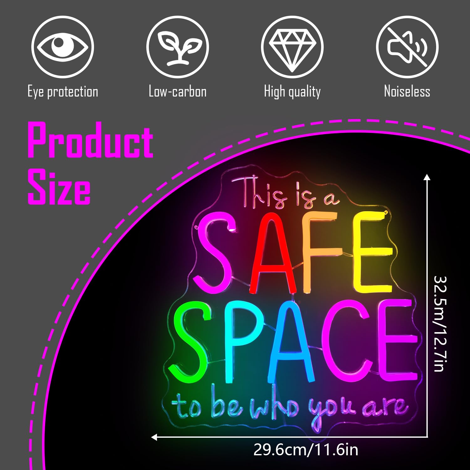 Neonowy znak 'This Is Safe Space To Be Who You' LED neonowy znak do dekoracji ścian, ściemniany neonowy znak świetlny do klasowej terapii biura