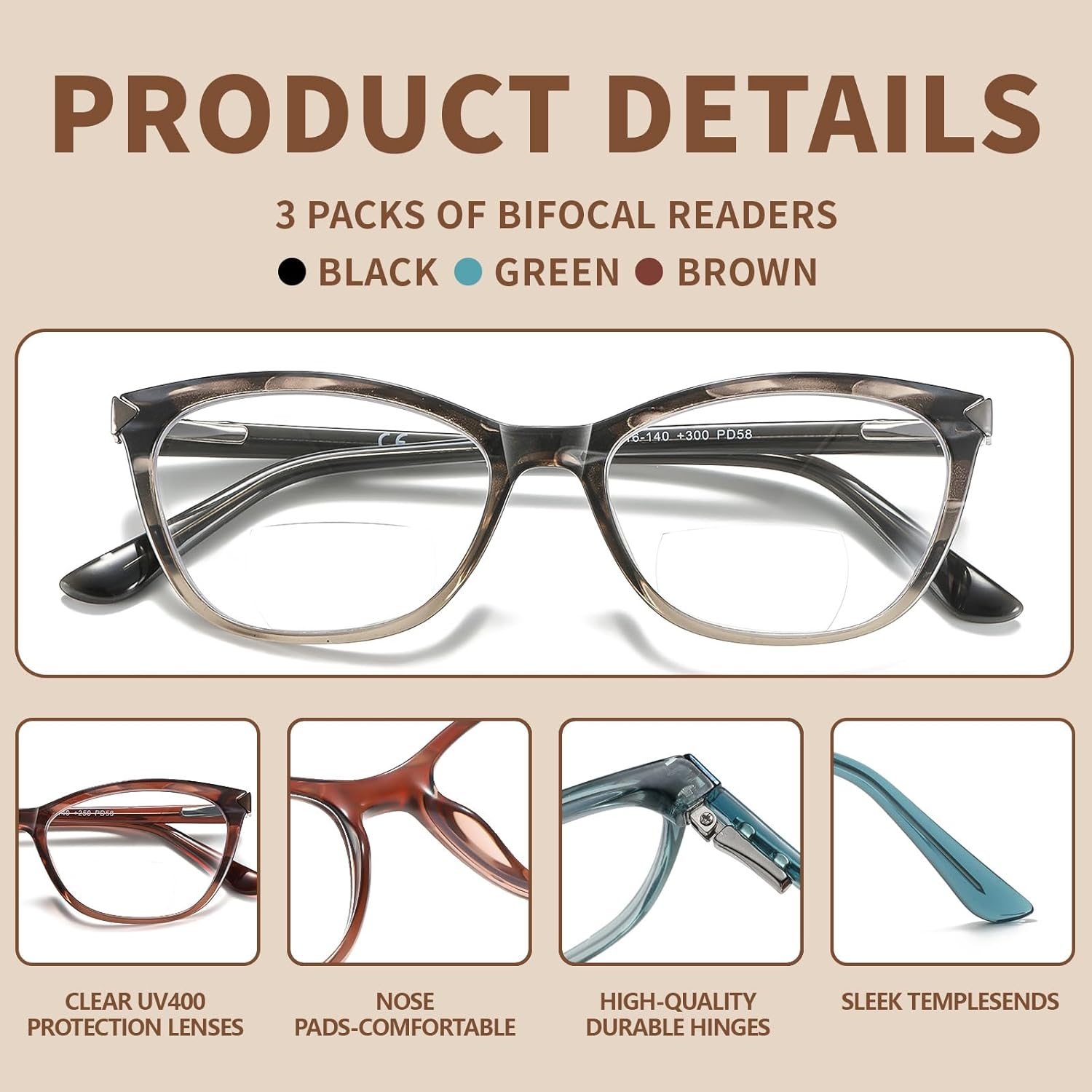Bifocal Reading Glasses Women Blue Light Blocking With Clear Top Computer Reader Wide Metal Frame Stylish Designer Eyeglasses - Image 6