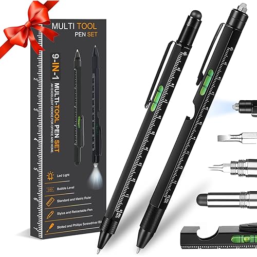 Gifts for Men, 9-IN-1 Multitool Pen, Cool Gadgets for Men, Dad, Husband, Boyfriend, Grandpa, Christmas Stocking Stuffers for Men with LED Stylus Level Bottle Opener Ruler Screwdriver (2 Pen)