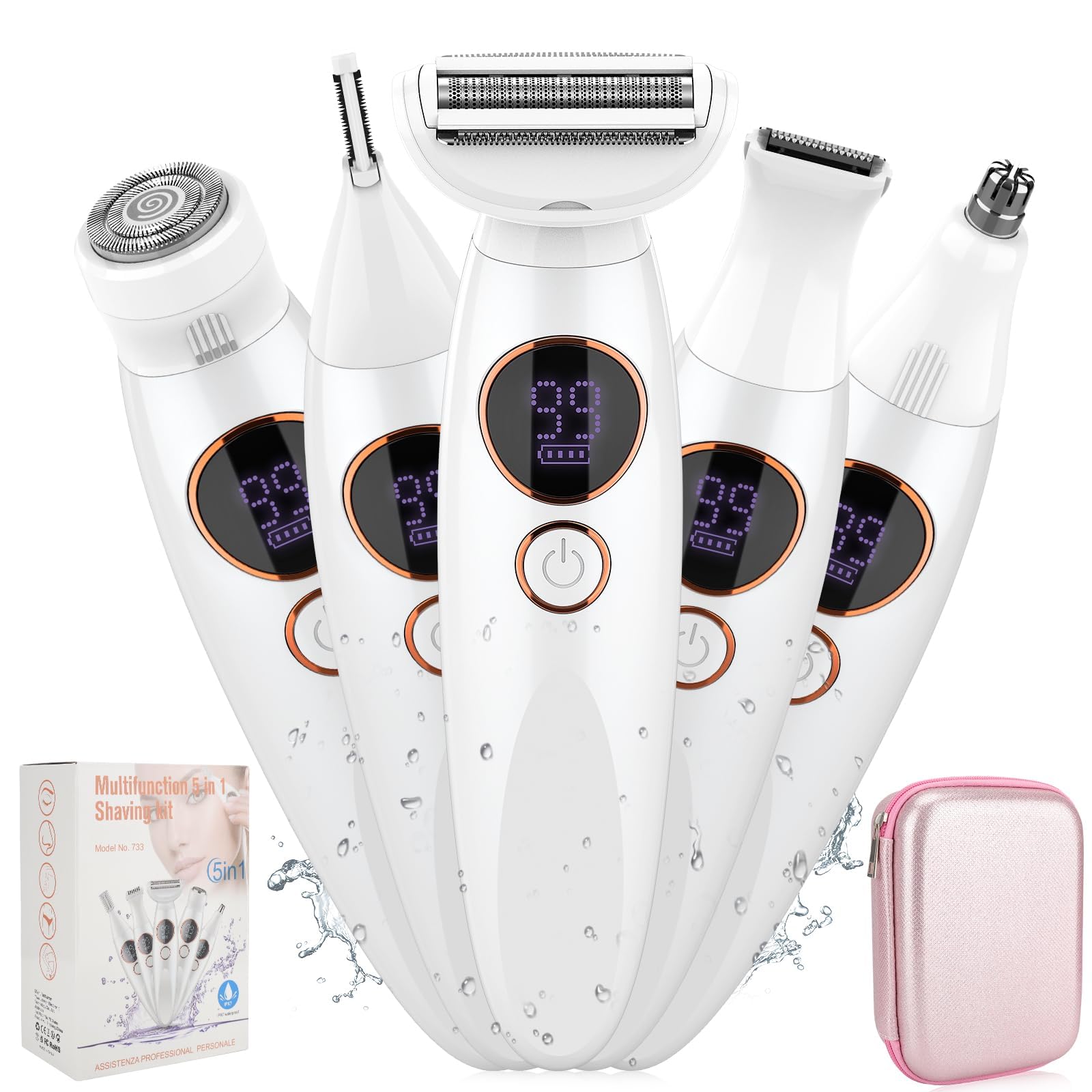5 in 1 Bikini Trimmer for Women,IPX7 Waterproof Cordless Replaceable Pubic,Eyebrow,Facial Electric Razors&Nose Hair Trimmer&Painless Body Shaver for Arms Legs Underarms,USB Charge,LED Display,Wet&Dry