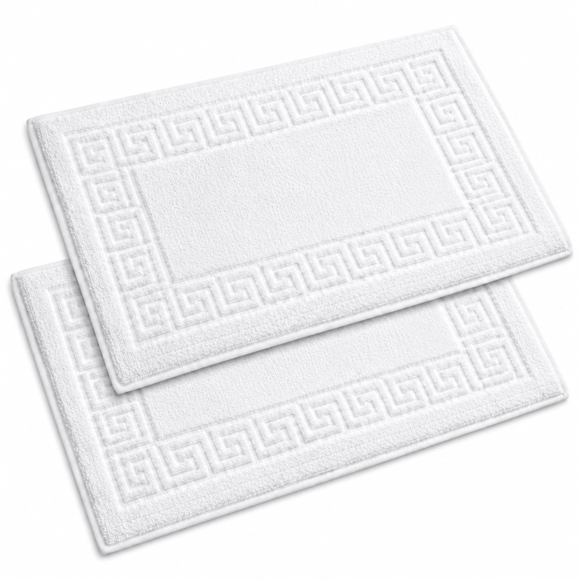 Luxury Terry Towelling Greek Key Bath Mat Set - 100% Cotton 800 GSM Reversible Bathroom Floor Towels, Ultra Absorbent Greek Key Pattern Rugs, Machine Washable Shower Mats (1, White)