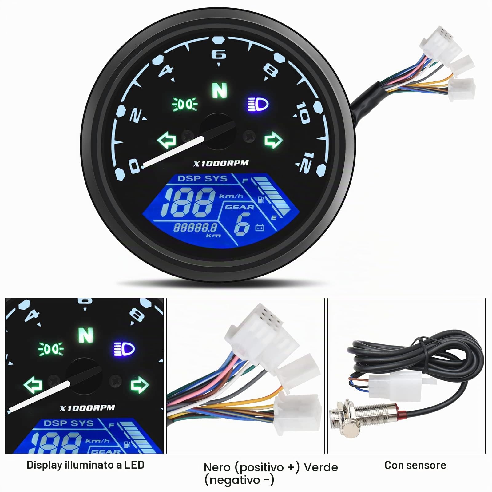 Geloo Moto Contachilometri universale per moto Tachimetro Digitale Contachilometri 12000 giri/min 199 KMH MPH LCD Contagiri con Universale per 1,2,4 Cilindri con Spia Multifunzione 12V…