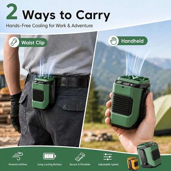 Portable Waist Fan with 6000mAh Rechargeable Battery Hands Free Clip Fan 100 Speed Adjustable Strong Airflow Personal Fan with LED Light for Outdoor Work Camping Travel(Green)