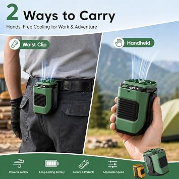 Portable Waist Fan with 6000mAh Rechargeable Battery Hands Free Clip Fan 100 Speed Adjustable Strong Airflow Personal Fan with LED Light for Outdoor Work Camping Travel(Green)