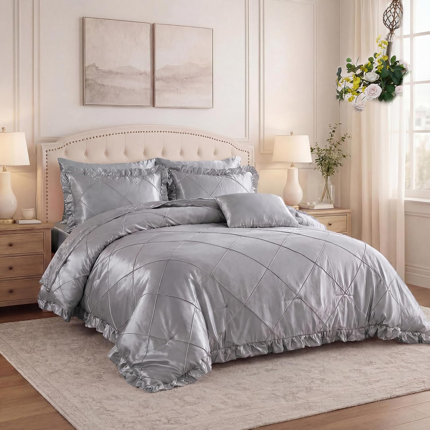 Grey Comforter Set Queen Sheet Set Silk Like Satin Bedding Set Silky Bed in a Bag 8 Pcs Pinch Pleat Bed Set Home Decor Luxury Hotel Silky Ruffle Down Comforter with 1 Cushion Cover