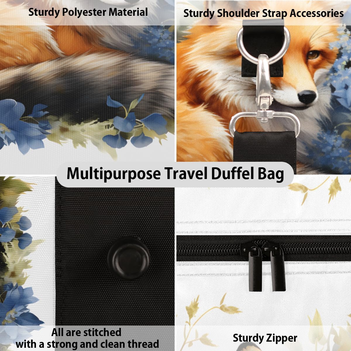 Floral Watercolour Fox Travel Duffel Bag for Women Men Large Capacity Overnight Weekender Bags for Lightweight Waterproof Sport Gym Bag for Workout Yoga Swim