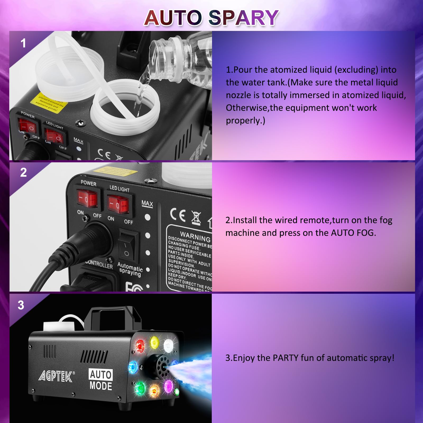 Machine à fumée avec télécommande sans fil & LED lumière couleur activée, facilement transportable et resistante. Idéal pour Halloween, Noël, mariages, spectacles sur scène etc