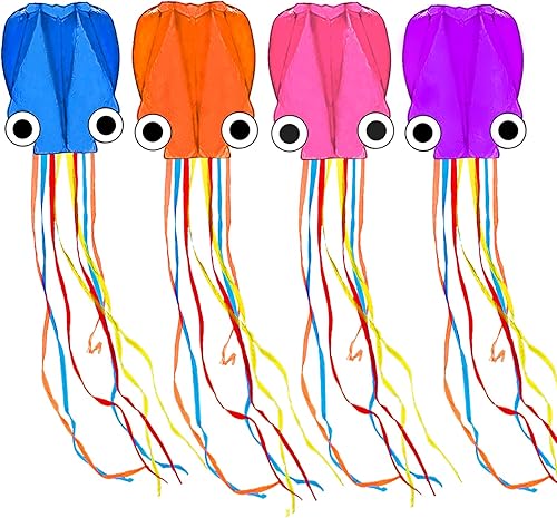 Kaiciuss 4 Pack Octopus Kites for Kids & Adults Easy to Fly, 24”x 158” Large Size for Boys and Girls, Single Line 3D Beach Kites Set for Teens, it Comes with 4 x 300FT Handles