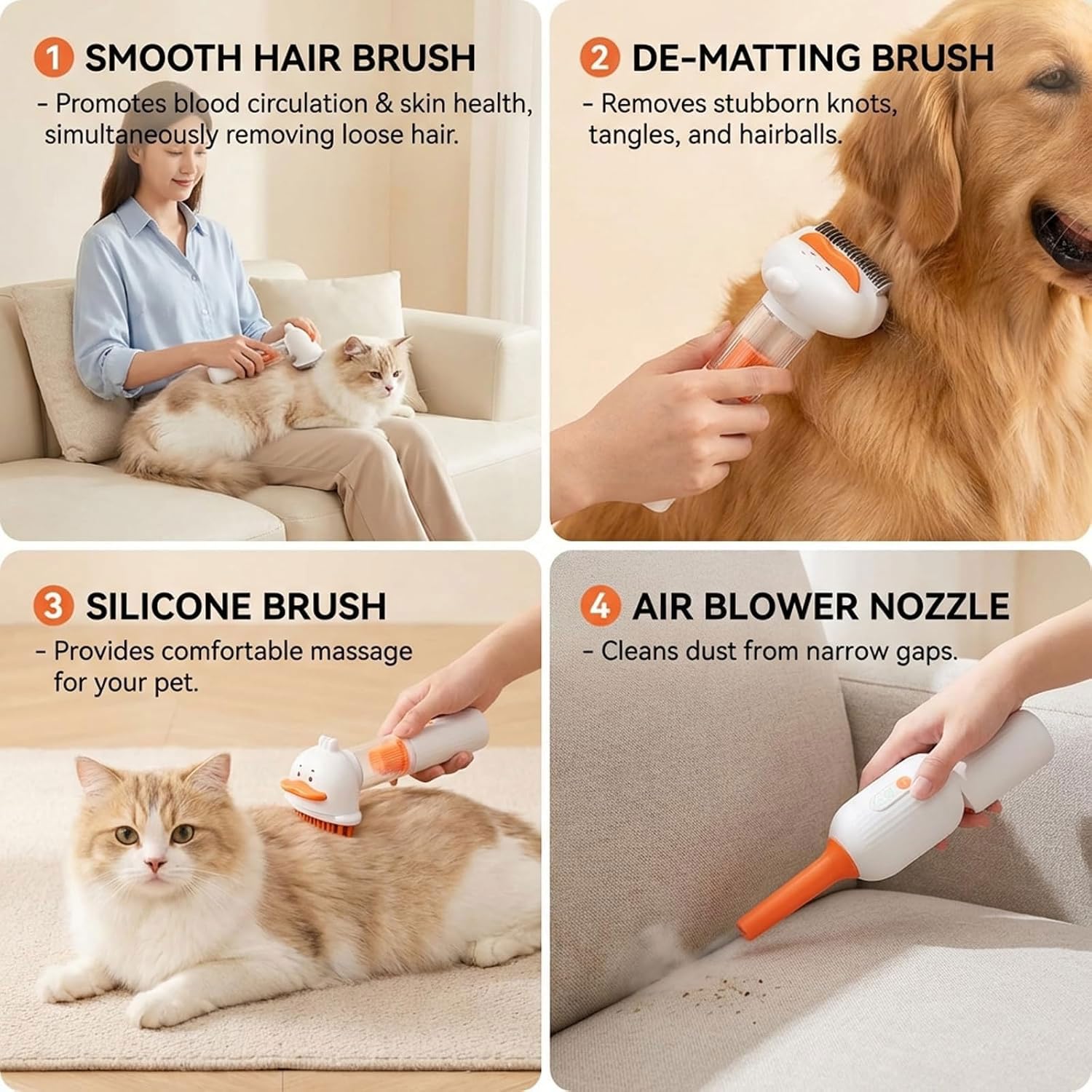 Dog Vacuum Brush 4 in 1 Pet Grooming Vacuum for Dogs and Cats,4-in-1 Hundehaar-Vakuumbürste,Wiederaufladbar Hundehaar Staubsaugerbürste,Selbstreinigende Zupfbürste Fellpflege-Werkzeug für Hunde