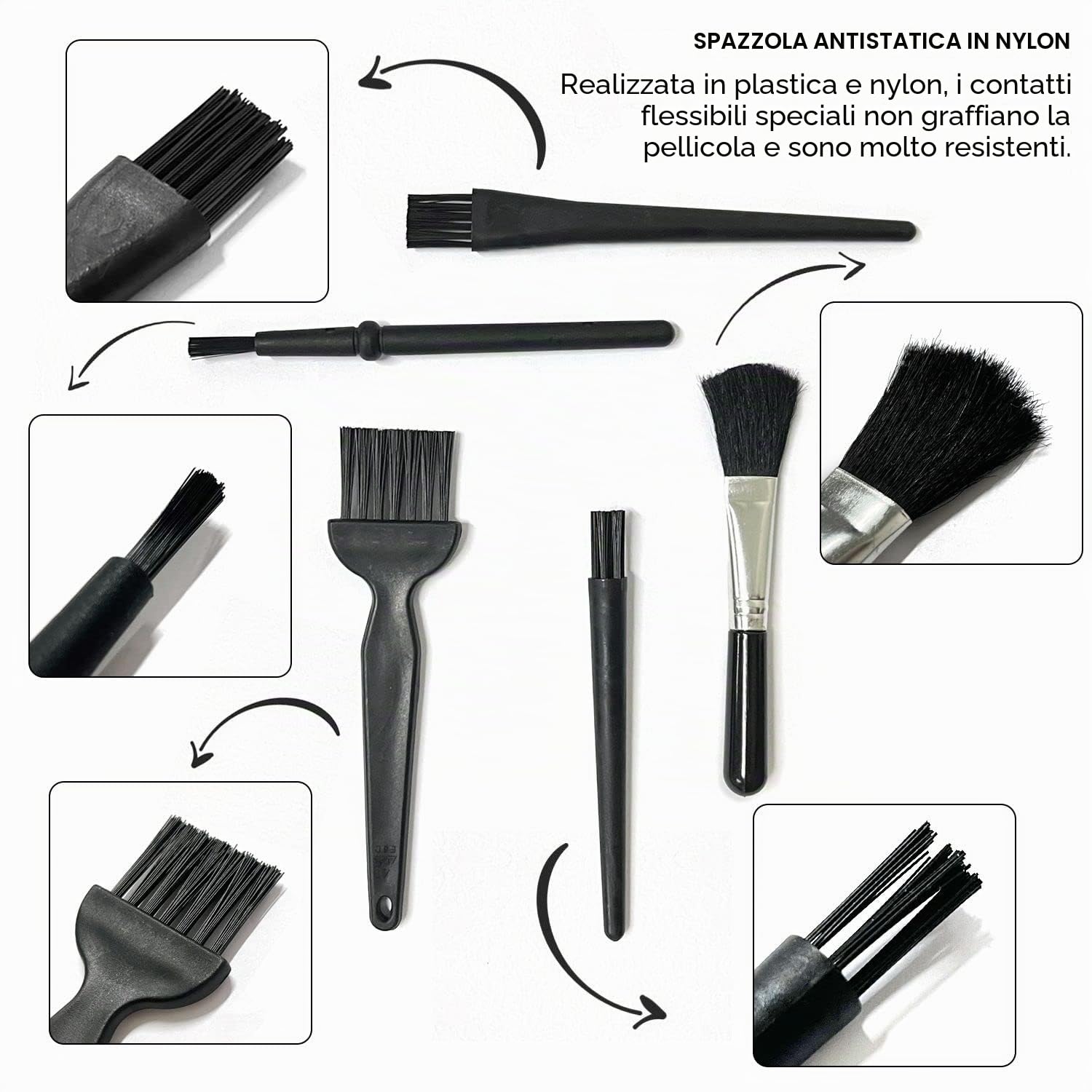 Kit 5 Pennelli Antistatici PNOOFR – Pulizia Per PC, Fotocamera, Tastiera, Setole In Nylon, Manico In Plastica, Riutilizzabili