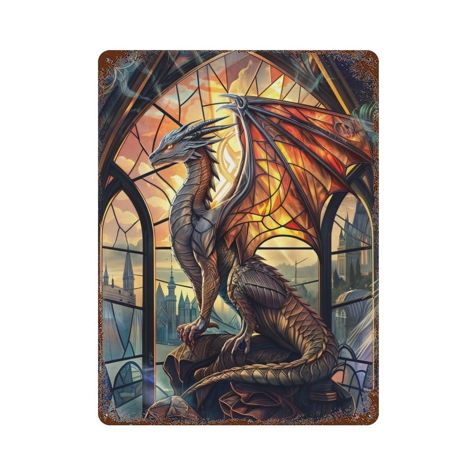 Celestial Stained Wyvern Rust Effect Tin Sign 15.7"x11.8", Novelty Wall Decor for Patio, Garden Room And Bar Decor