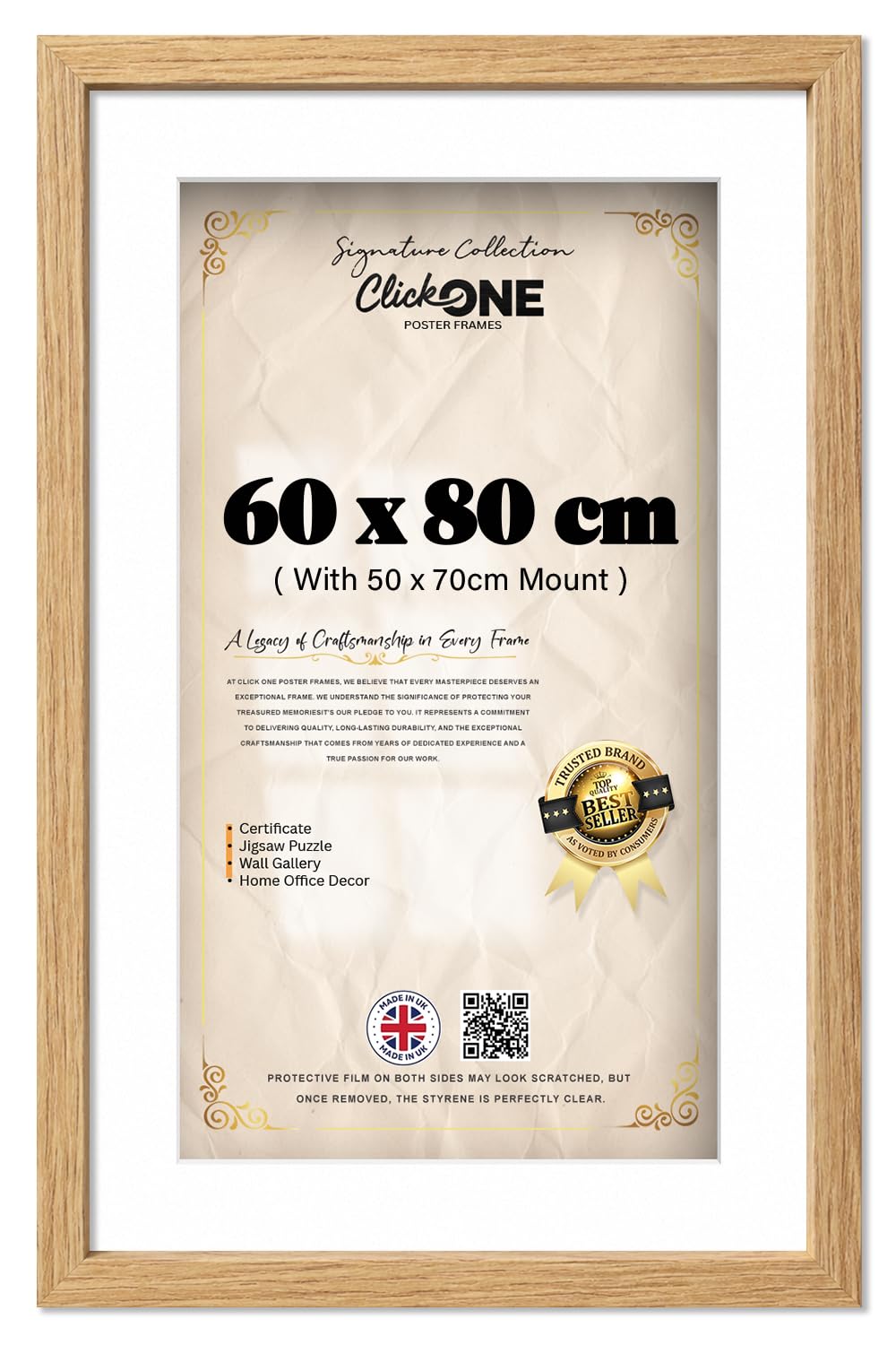 Click One Elegant 60 X 80 Cm Poster And Photo Frame With 70 X 50 Cm White Mount And Clear Perspex Panel For Living Room And Office Display 32 X 24 Inch Oak Wood Finish Versatile Wall Ready