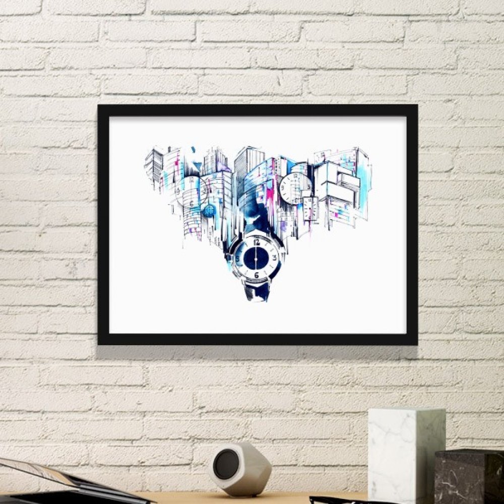 Montre horloge aquarelle minimaliste avec cadre noir protecteur médium art print