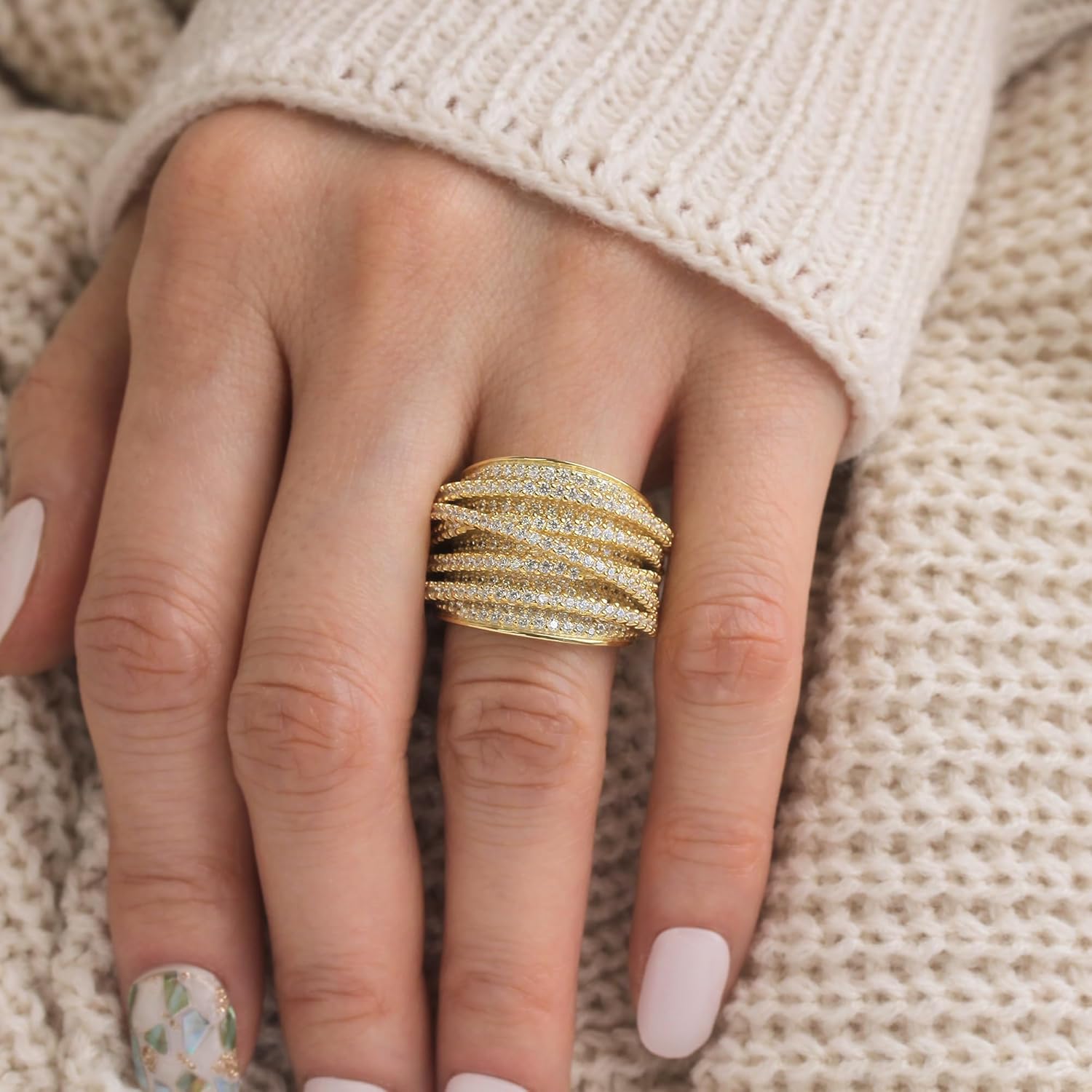 DoubleAccent 925 Sterling Silver Ring 14K Gold or Rose Gold Plated Crisscross Intertwined Design CZ Stone Beautiful Pave Ring 15mm