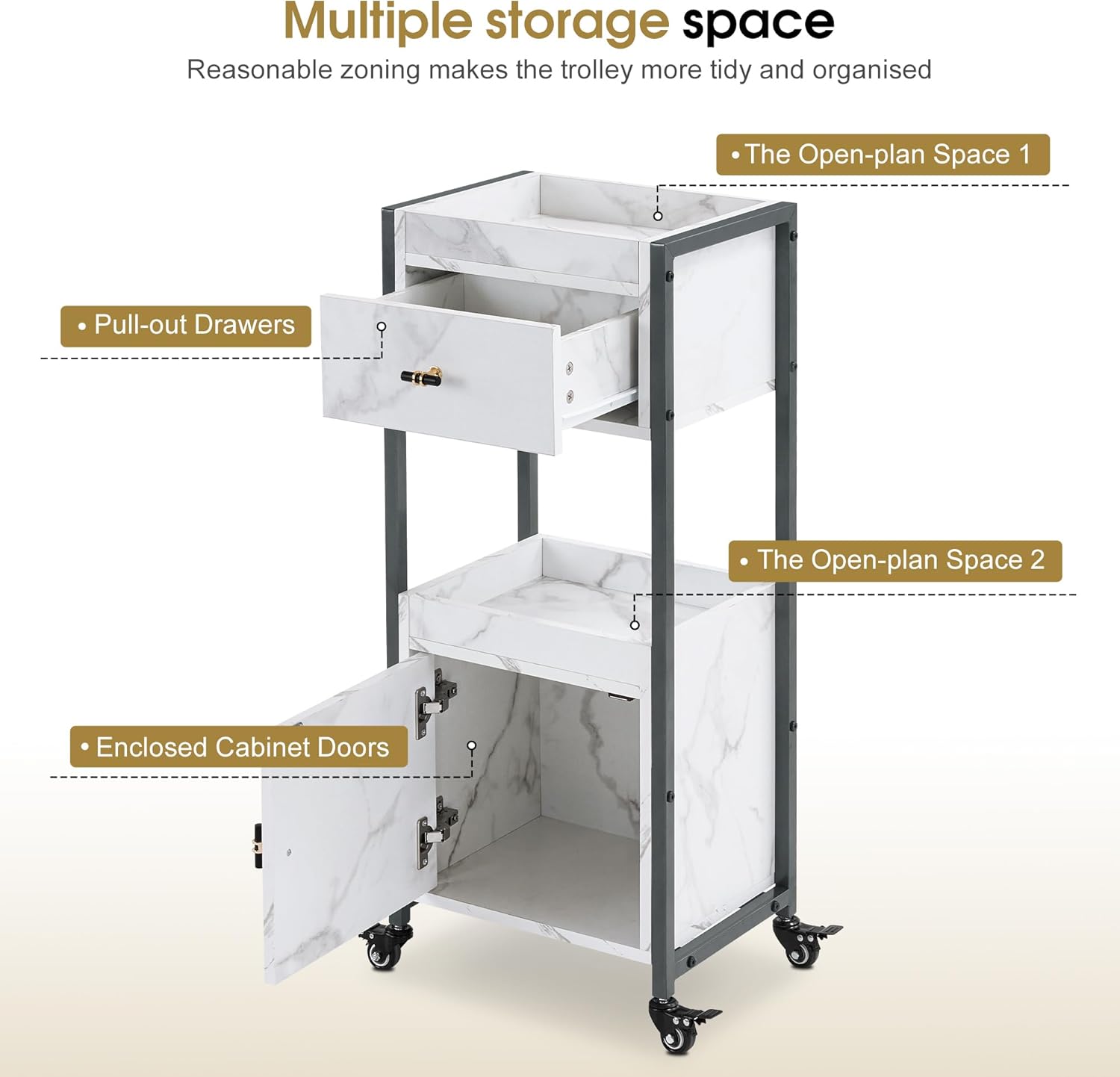 BarberPub Salon Rolling Trolley Cart with Drawer&Dryer Holder, Beauty Barber Marbling Textured Mobile Storage Organizer, Hair Stylist Cabinet Station with Wheels 2477 (Gun-Grey)
