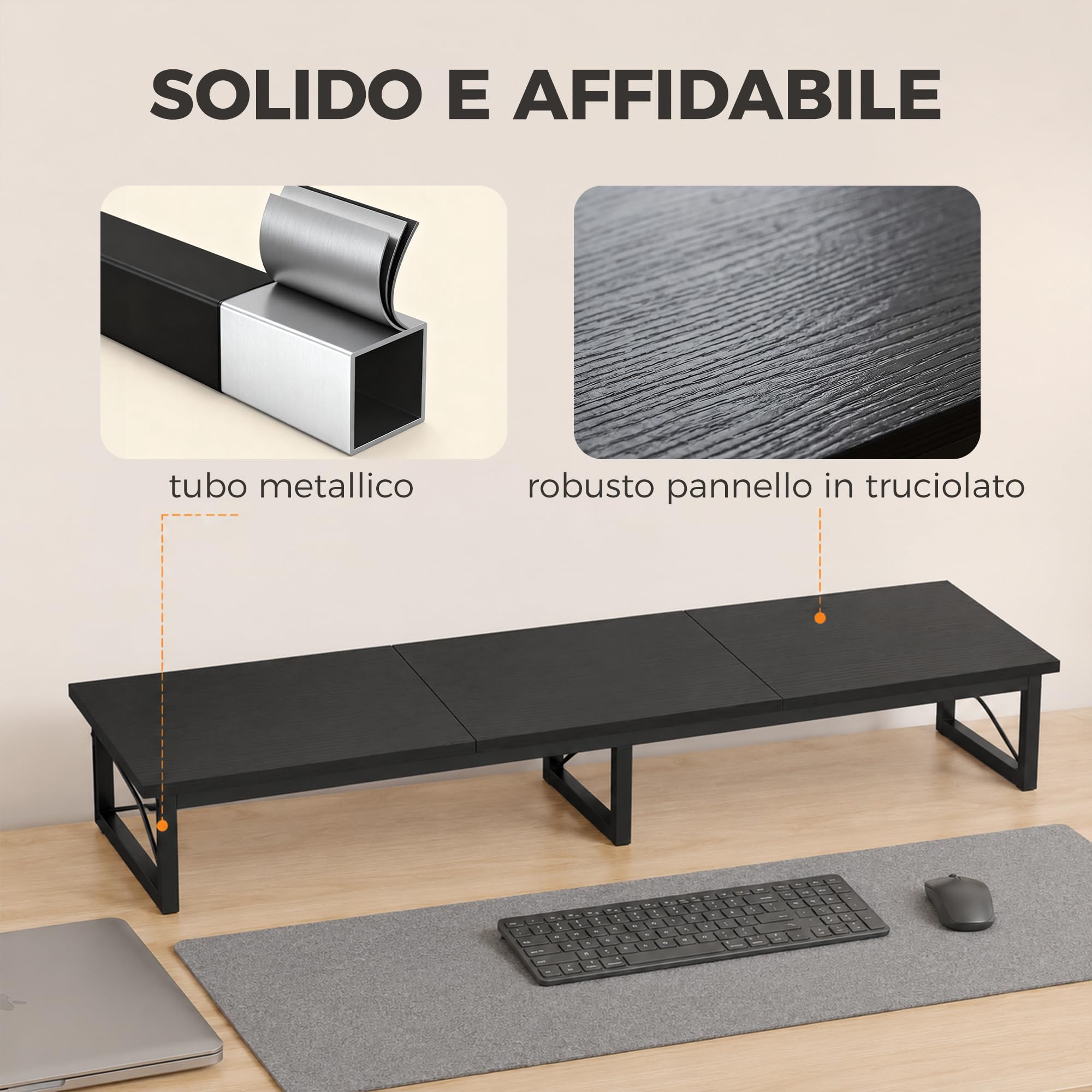 HOMCOM Supporto per Monitor da Scrivania, Rialzo per Monitor in Legno con 2 Scomparti Portaoggetti, per Laptop e PC, Fino a 20kg, 114x30x16.5 cm, Nero