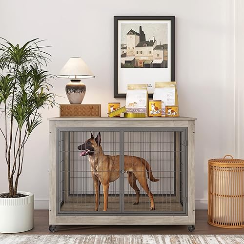 IchbinGo Muebles de jaula para perros, mesa de madera para perros, perrera de 43.7 pulgadas con 3 puertas, apertura superior abatible y ruedas,