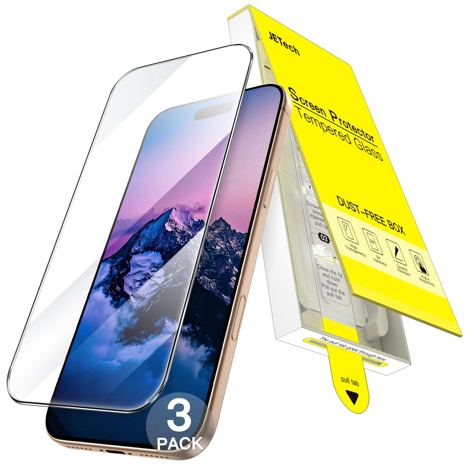 JETech Protector Pantalla para iPhone 16 Pro Max, 3 Unidades | Alineación Automática en un Paso, 9H Cristal Vidrio Templado, HD Claro, sin Burbujas