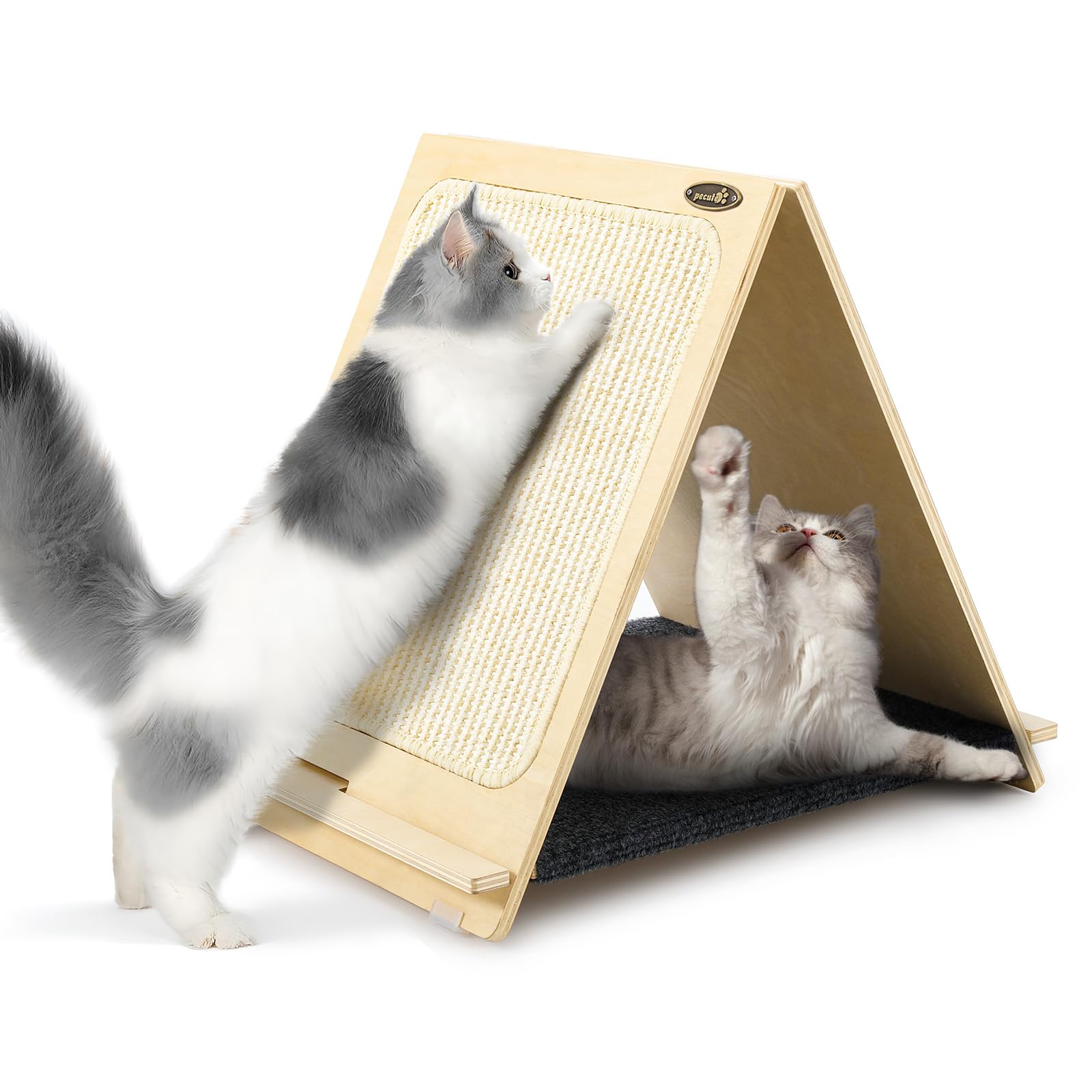 Pecute 3 in 1 Tiragraffi per Gatti, Tiragraffi Triangolare in Sisal, Tiragraffi in Legno Rimovibile, Graffiatoio per Gatti con Telo Tappeto, Lettino Gatto per Giocare e Dormire