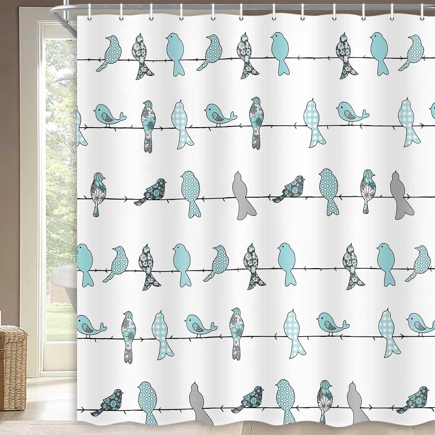Cute Bird Shower Curtain, Fun for Bathroom, Teal Grey Birds Rustic Waterproof Fabric Set With Hooks 72 x 72 Inches