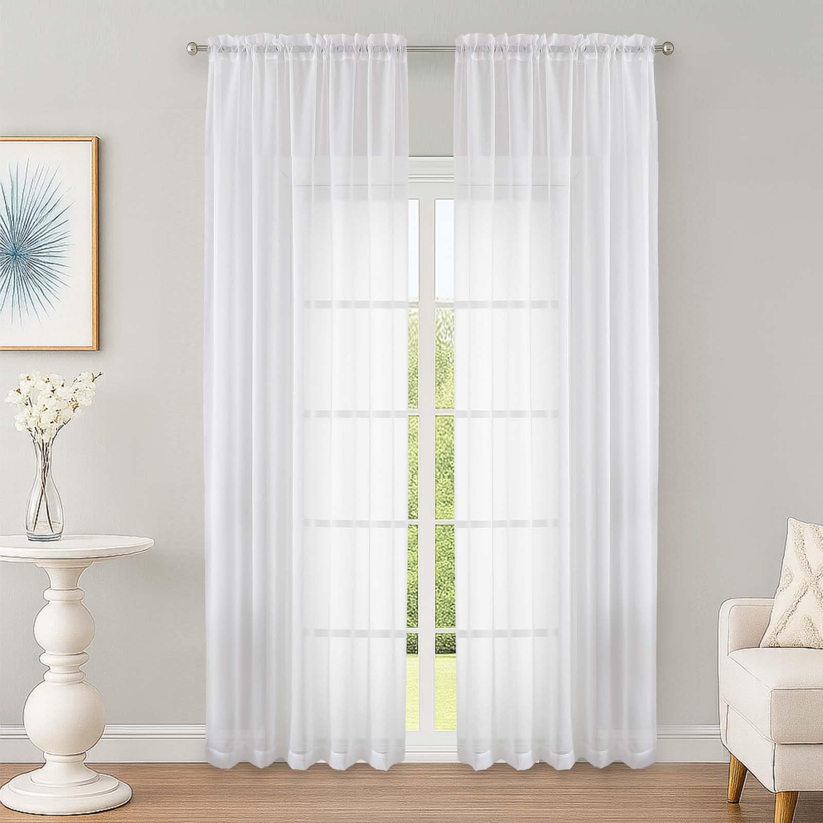 OWENIE White Sheer Curtains 90 inch Length 2 Panels Set, Rod Pocket Voile Fimly Sheer Drapes for Living Room/Bedroom, 2pcs, Each 52" W x 90" L
