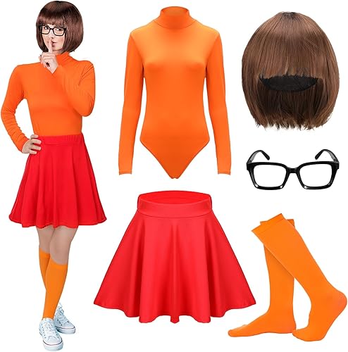 Hercicy Disfraz naranja de Halloween para adultos, peluca estilo Bob, cuello alto, falda patinadora, gafas y calcetines para mujer, cosplay