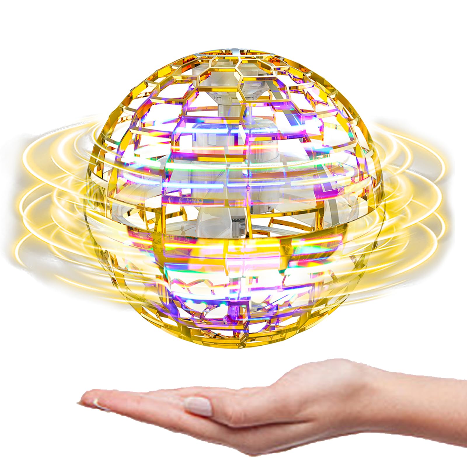 ATHLERIA Gold Magic Flying Orb Ball with Lights,Cool Stuff Gadgets Birthday Gifts Toys for Boy Girl Teens,Helicopter Mini Drone for Kids,Hover Boomerang Ball,Flying Spinner