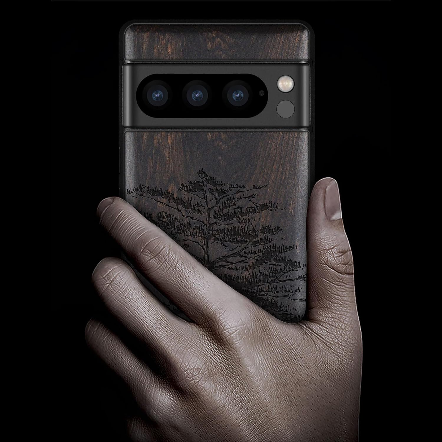 Carveit Wood Case for Pixel 8 Pro Case [Natural Wood & Black Soft TPU] Shockproof Protective Unique Wooden Cover Compatible with Google Pixel 8 Pro (Vintage Pine Tree Sketch-Blackwood)