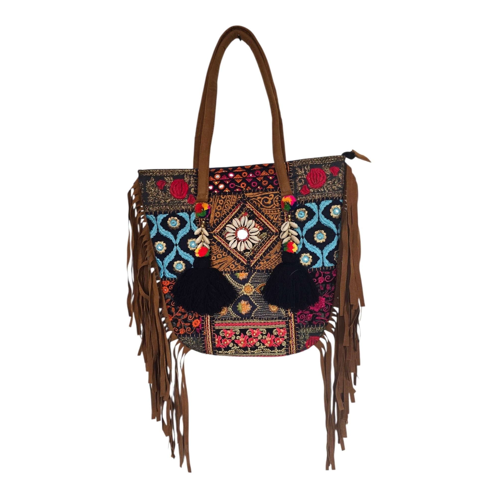 Banjara Shoulder Bag, Blue, 17x17 Inch, with Tassels and Fringe, Embroidered Patchwork Handmade patch work-picture-52