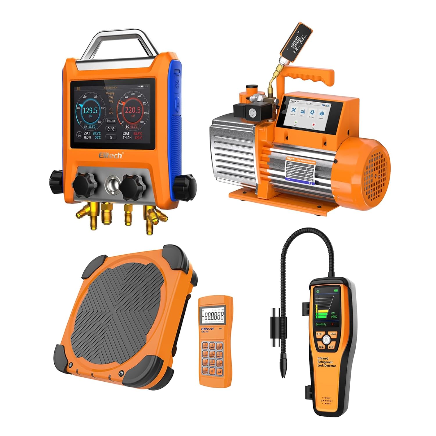 Elitech Heavy-Duty Commercial HVAC Kit – EMG-40V 4-Valve Touchscreen Manifold, LMC-210A 330lbs Wireless Scale, SVP-9 Pro 9 CFM Smart Vacuum Pump, ILD-200 Infrared Leak Detector