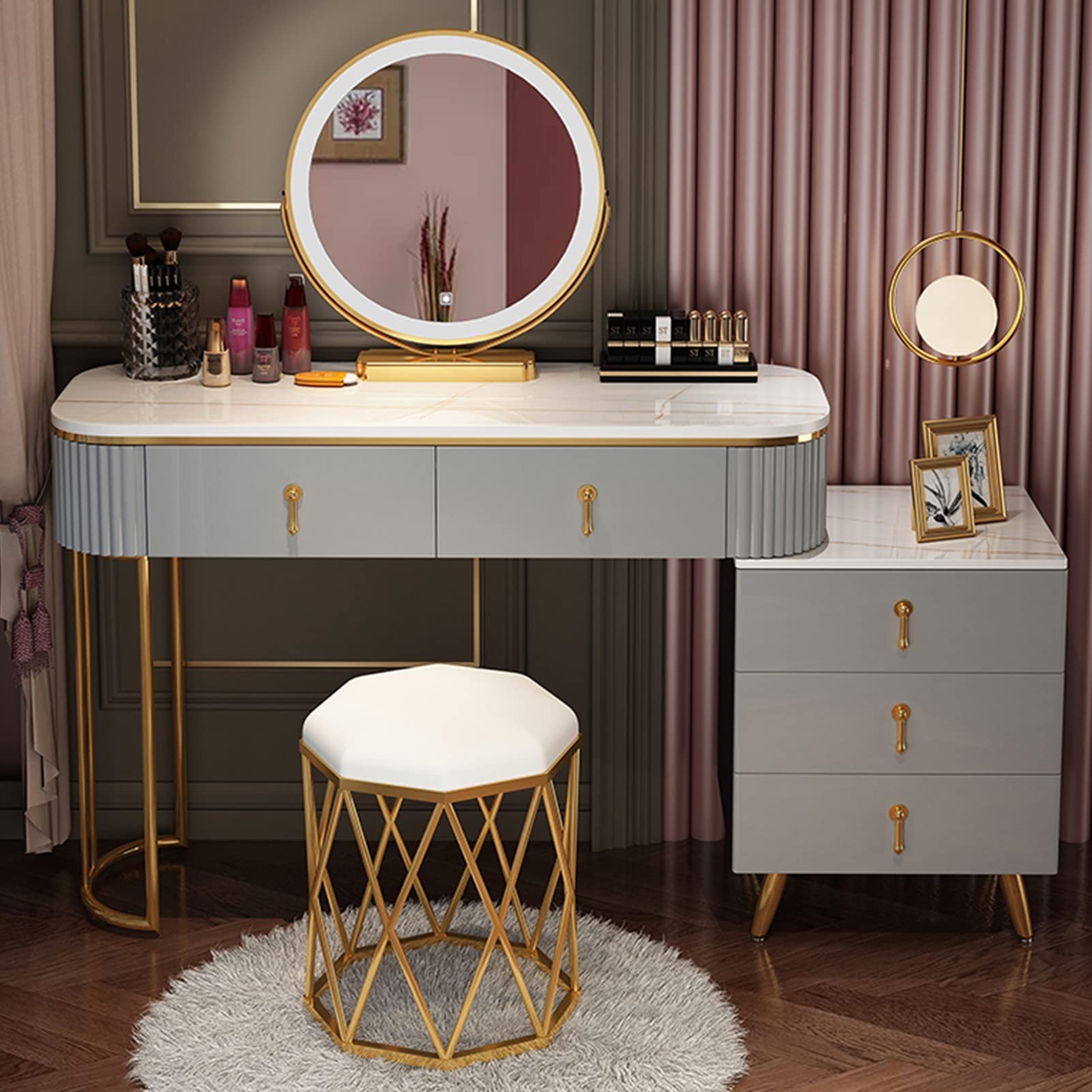 asdchZen Modern Dressing Table Set With Led Light Mirror, Movable Nightstand, Cushioned Stool, Stylish Makeup Vanity For Women & Girls-White, 100Cm/39.3In,Gray a-100cm/39.3in