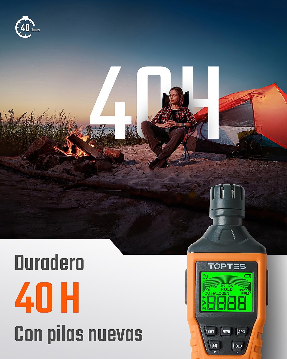 Detector de Monóxido de Carbono TopTes CT-300, Detector de CO con Alarma Visual y Sonora, 0-5000PPM, Alarma de CO, Pantalla LCD para Hogar, Coche, Camping y Viajes (Incluye 3 Pilas) - Naranja