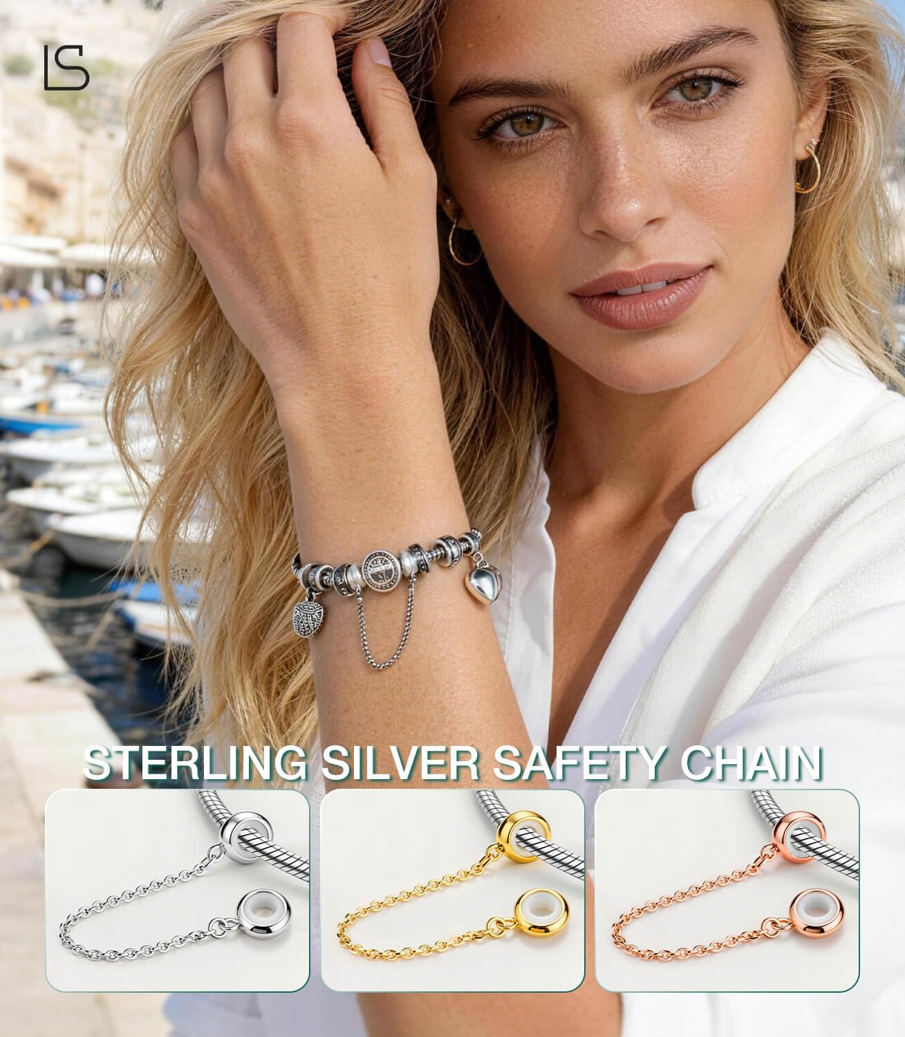 LOVANS Sicherheitskette Charms Stopper für Armband, 925 Sterling Silber Hypoallergen Charm Anhänger Clip Verschluss mit Silikon, Rutschfester Trenner für Damen Armbänder (Gold/Silber/Roségold)