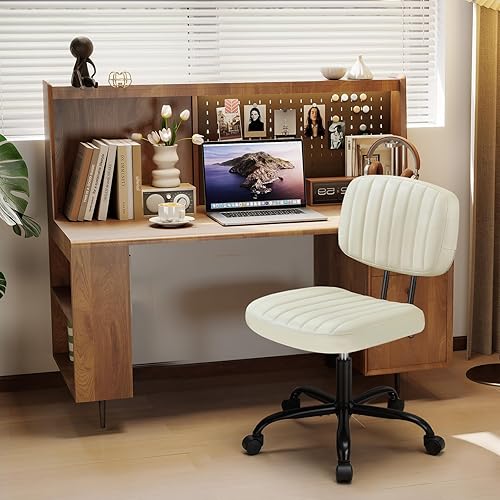 DUMOS Silla ejecutiva pequeña de escritorio para el hogar sin brazos con soporte lumbar de respaldo bajo, silla de oficina de piel sintética Beige