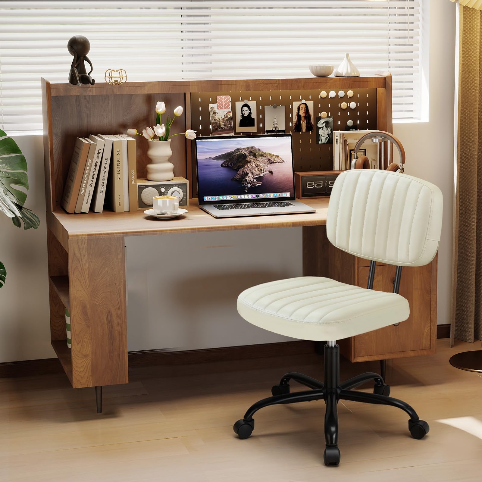 DUMOS Small Armless Home Desk Executive Chair with Low Back Lumbar Support, Height Adjustable PU Leather Computer Office Chair with 360° Swivel Wheels for Kids and Adults, White