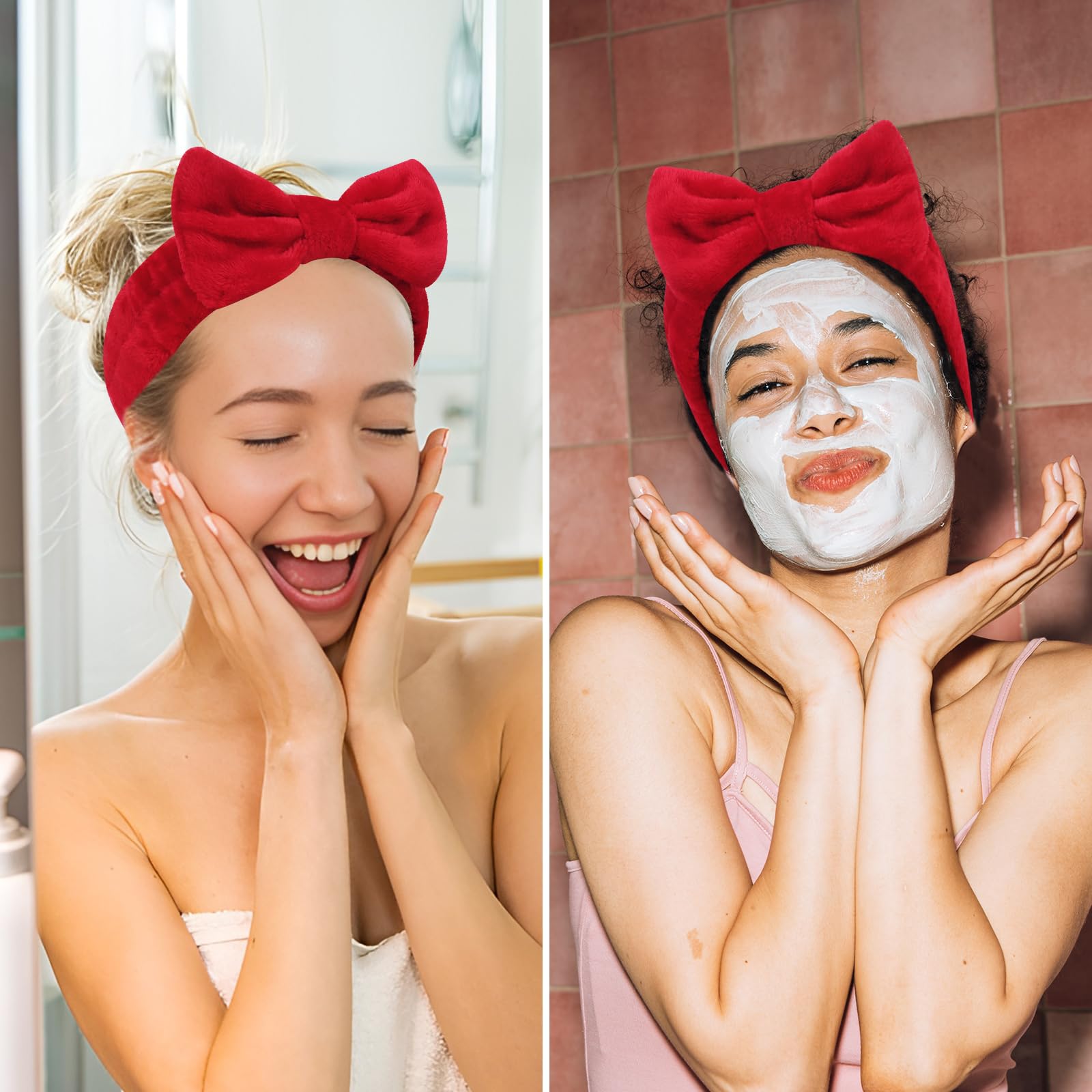 Ondder Diadema de spa para lavarse la cara, paquete de 8 diademas rojas para el cuidado de la piel para mujeres y niñas, lindas diademas de maquillaje con lazo