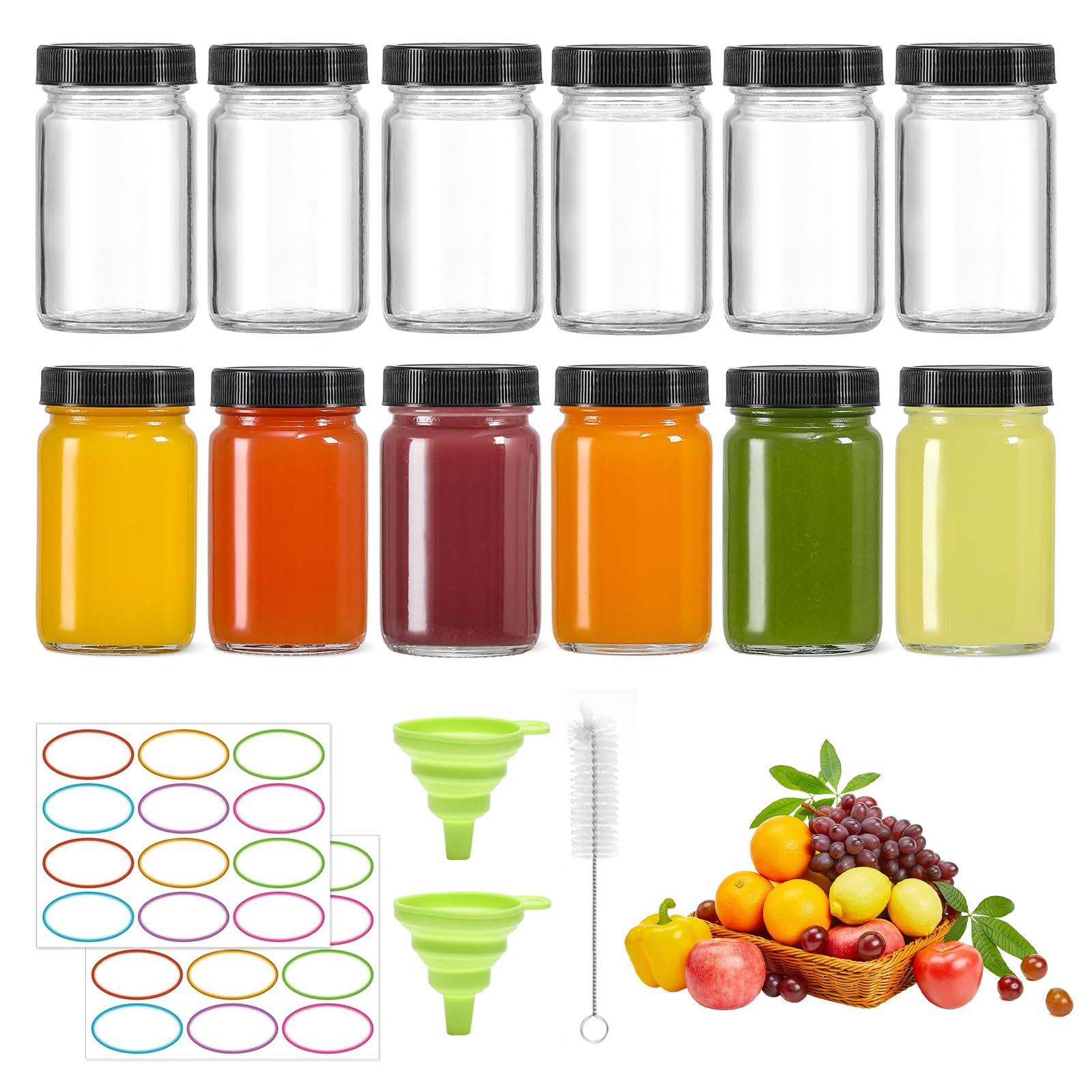 ZhouZGlass 12 Pcs Small Clear Glass Bottles with Lids, 2 oz Portable Leakproof Glass Jars with Funnels, Stickers, Lables, Wide Mouth Shot Bottles for Ginger Shots, Juice, Potion, Liquids, Whiskey