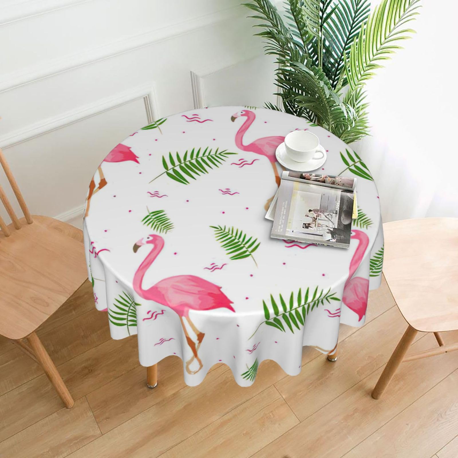 VCzsdff White Flamingo Print Stain Resistant Round Tablecloth 60in Family Friendly Polyester Cloth for Kids Meals