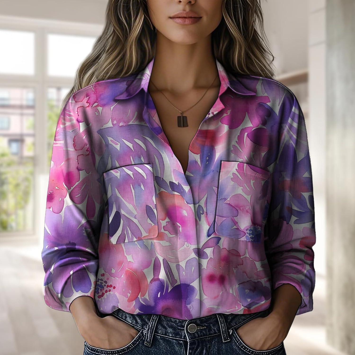 Boho Shirts for Women Daily Loose Fit Long Sleeve Oversized V Neck Flowy Beach Gauze Tops with Pocket - Image 2