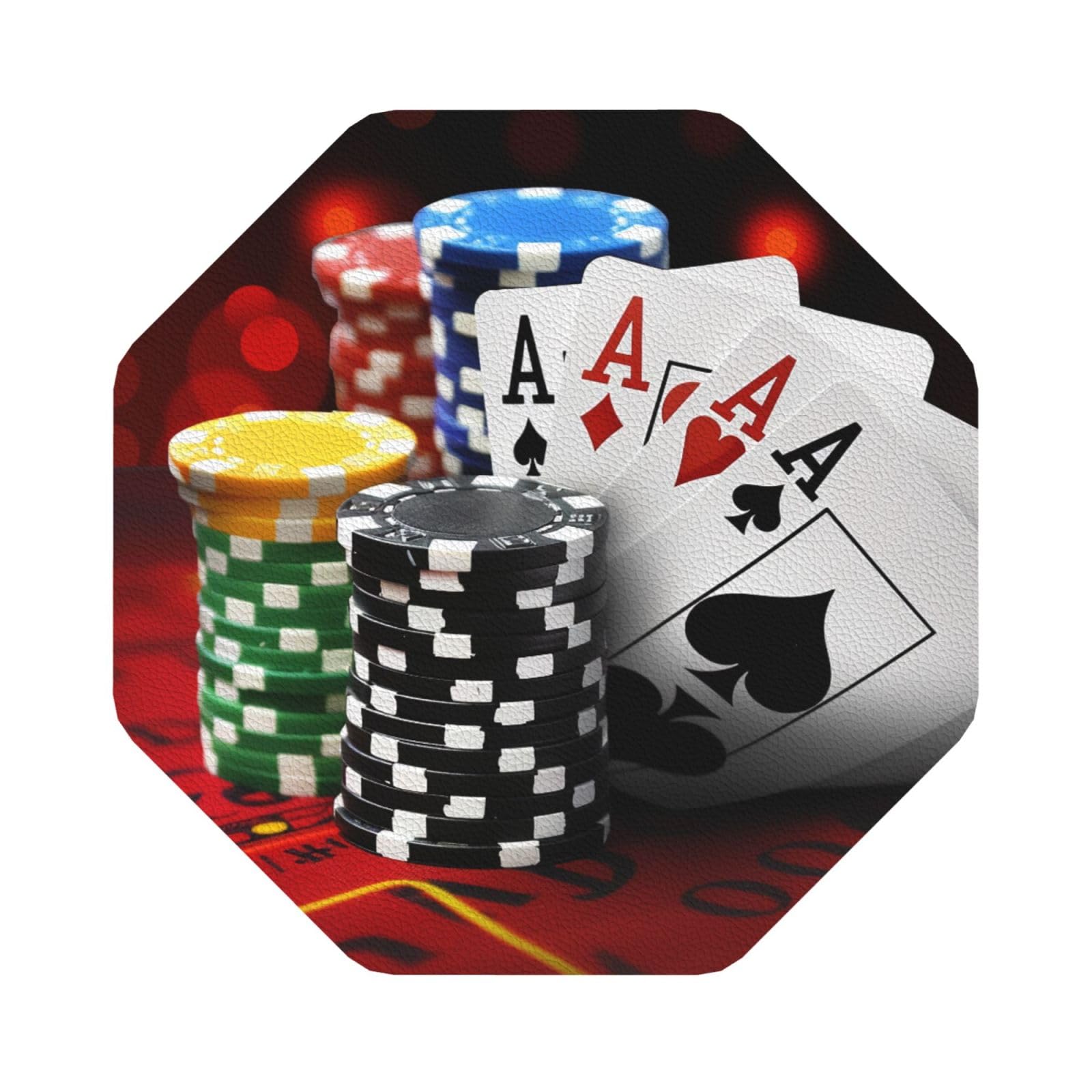 Poker Tournament Print Leather Coaster Set of 6, Octagon Coasters Table Decorative Coffee Cup Beverage Coasters Wine Beer Bar Coasters for Hot Drinks Table Protection