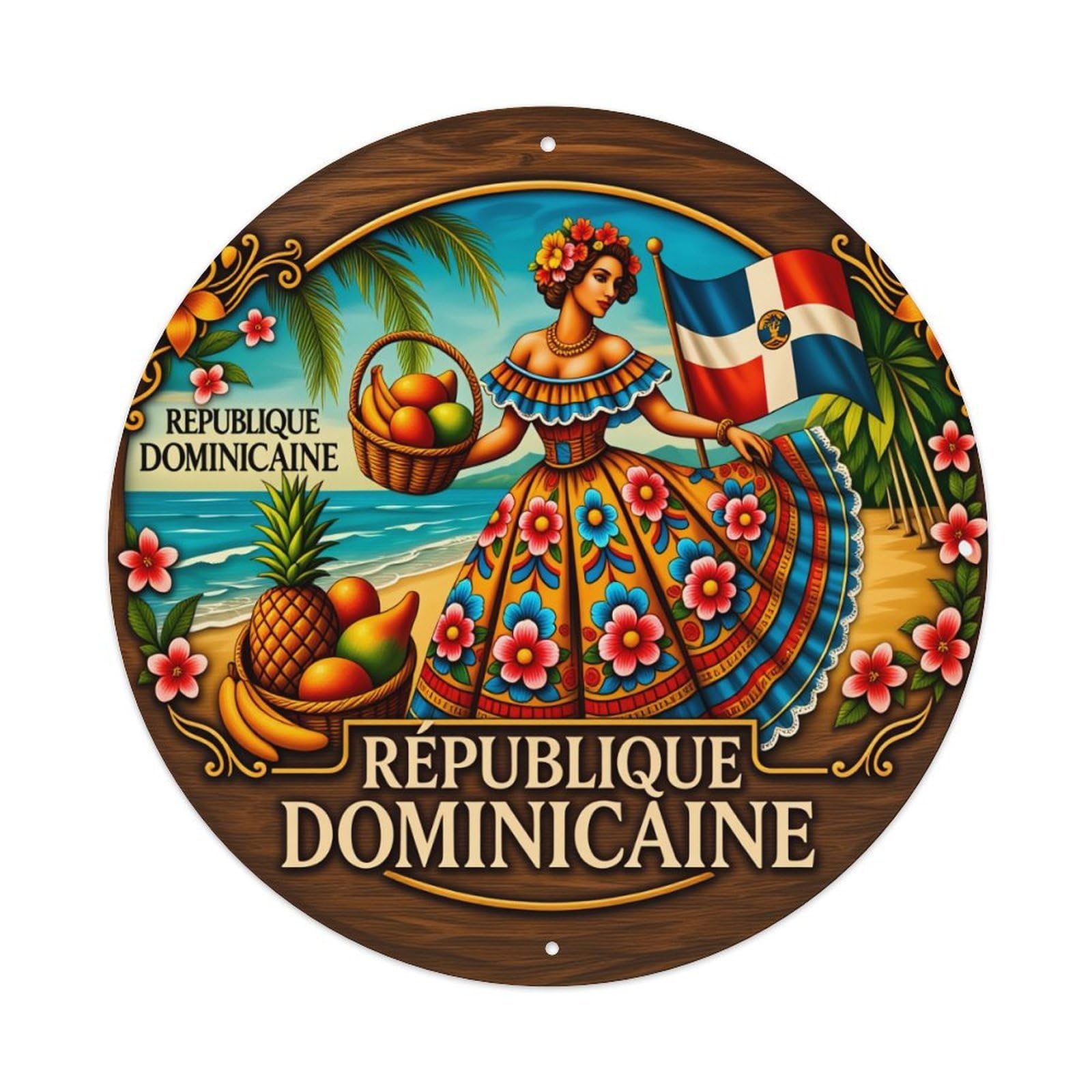 Dominican Woman Flag Fruit Beach Metal Tin Sign Vintage Garden Bedroom Cafe Bar Man Cave Home Wall Decor Metal Poster 8x8 inches
