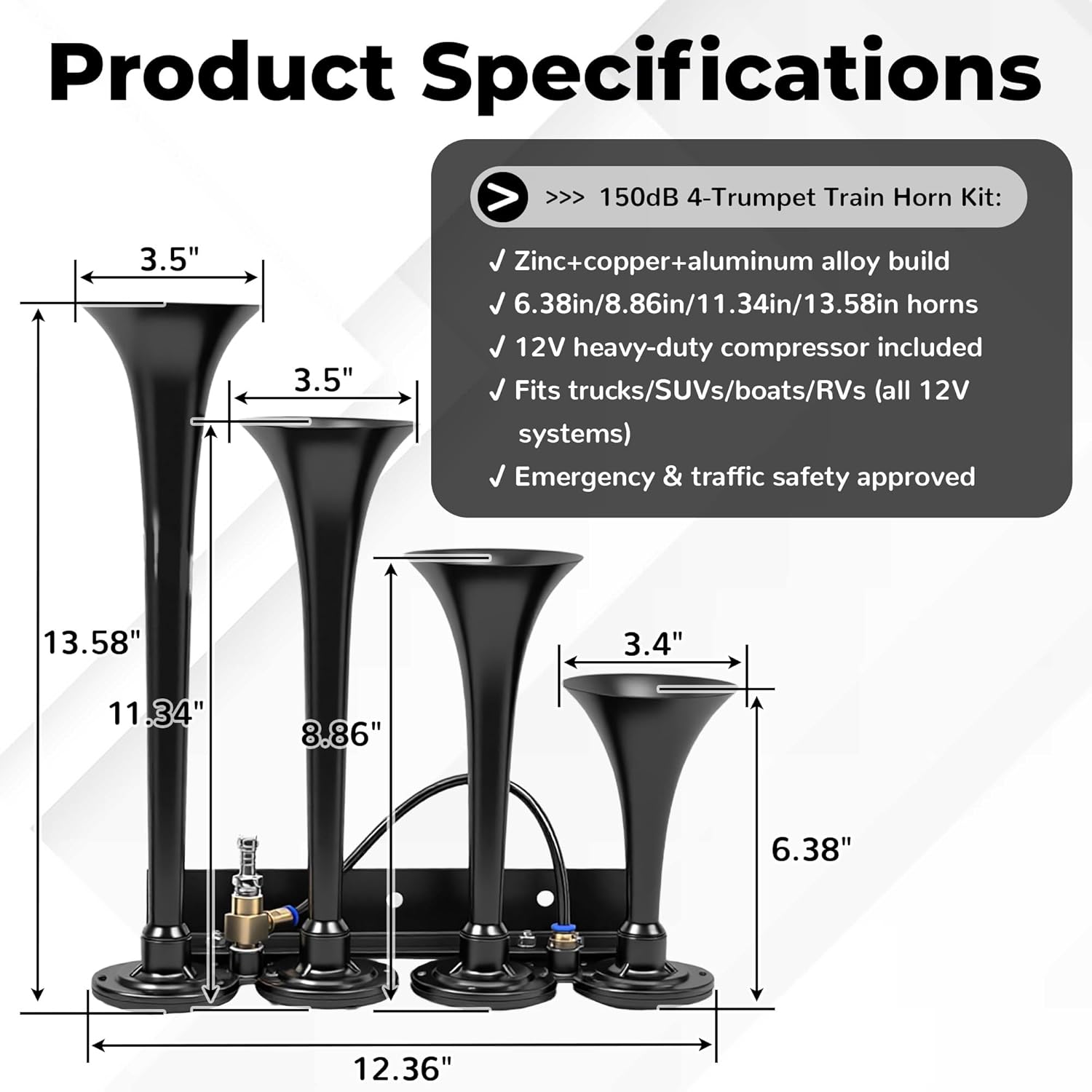 12V 150dB Train Horn Kit - 4 Trumpet Super Loud Air Horn with Compressor, Compatible with Trucks, Pickups, SUVs, Motorhomes (4-Trumpet with Air Compressor & Button, Weatherproof Design)