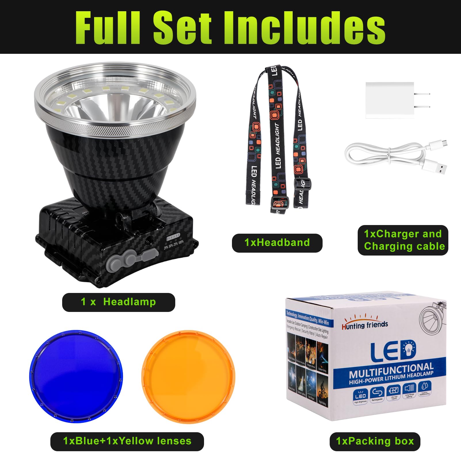 Wiederaufladbare LED-Stirnlampe mit Flut- und Punktstrahl, Leistungsanzeige, 5 Beleuchtungsmodi, Gelb/Blau-Filterlinse, Hohe Lumen Outdoor Wasserdichte Stirnlampe für Angeln, Jagd, Wandern